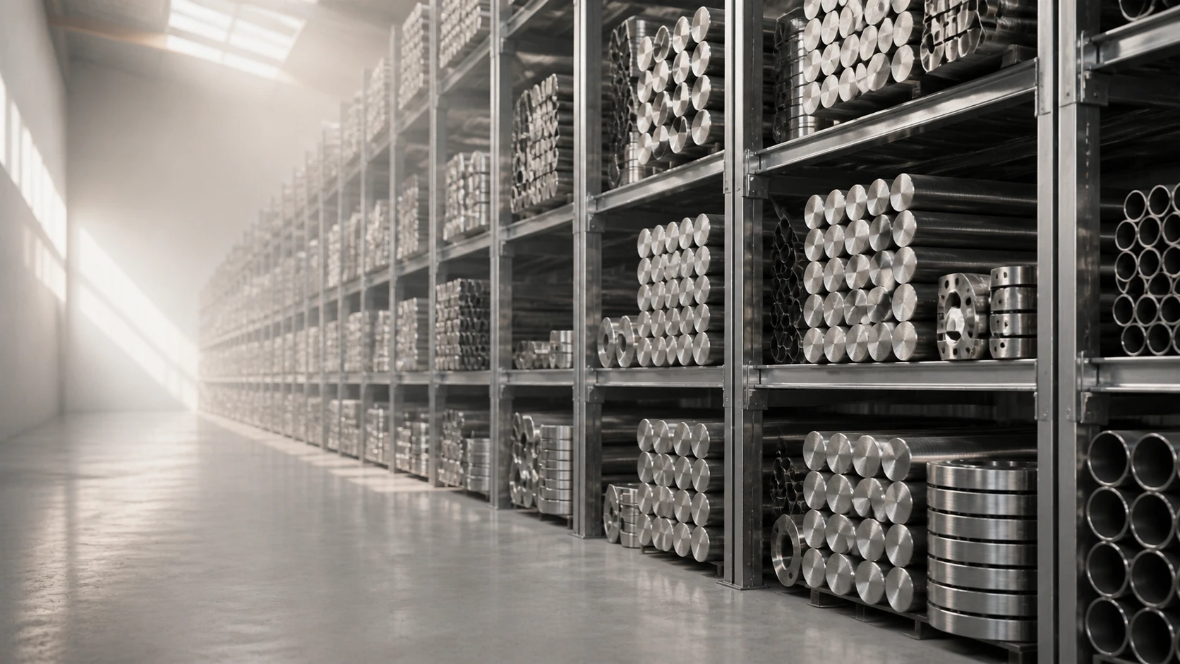 Steel stockyard aisle with racked bars and pipes