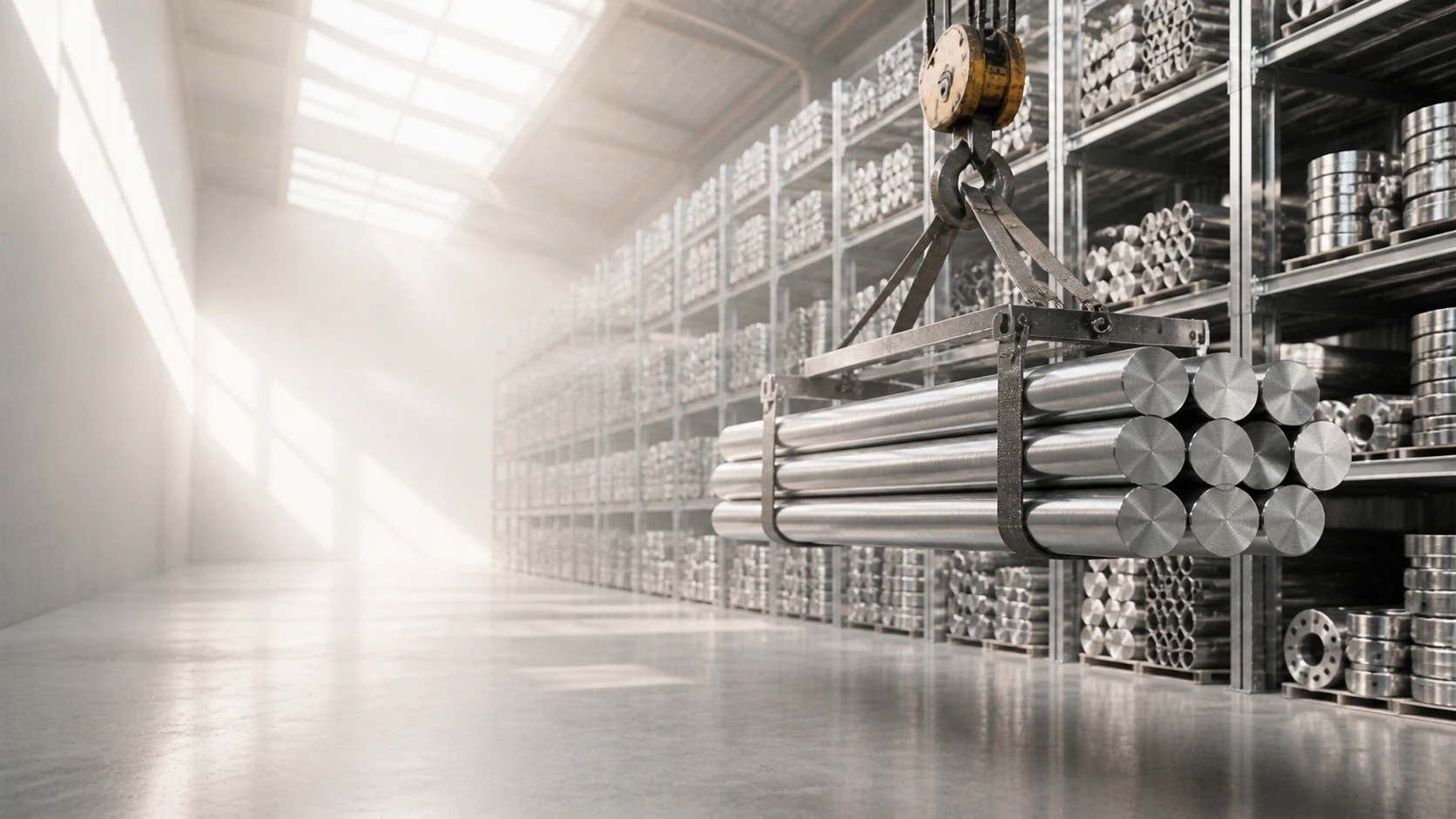 Overhead crane carrying steel bundles down a sunlit stockyard aisle