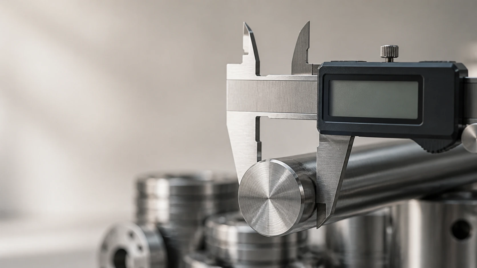 Caliper measuring a polished stainless bar