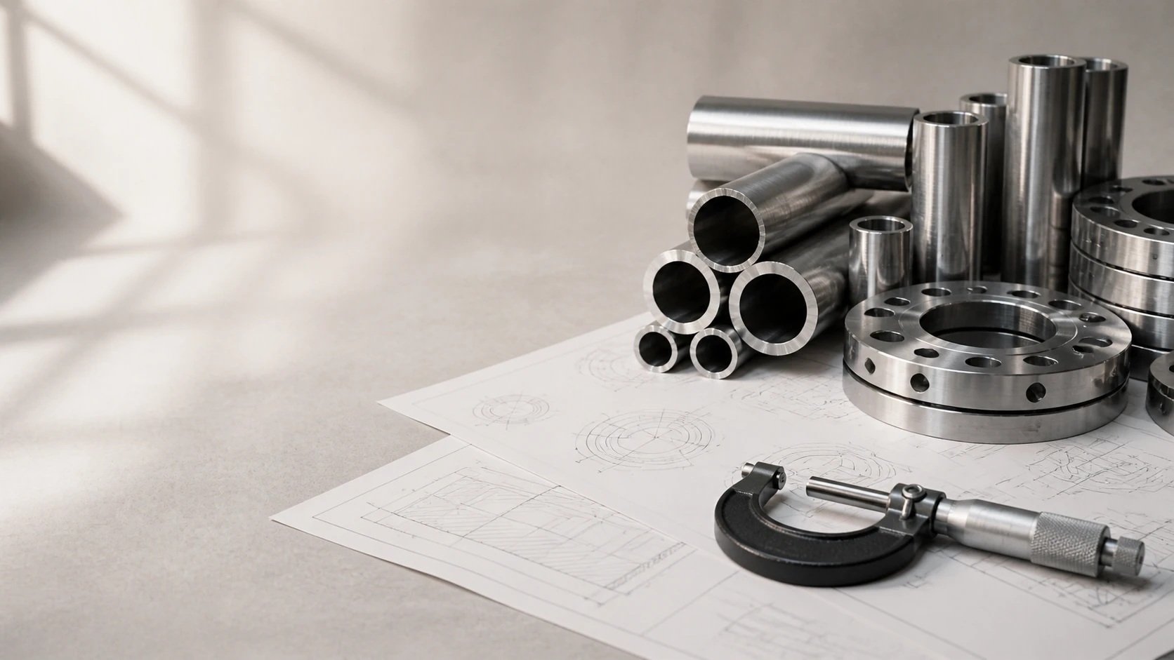 Engineering bench with pipe drawings and steel samples